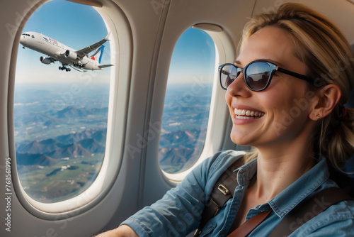 Heiteres Flugzeug-Selfie einer Frau mit Sonnenbrille und Sicht auf ein anderes Flugzeug