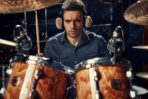 portrait of a drummer wearing earmuffs in studio