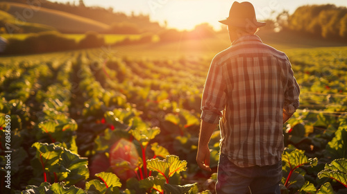 Farmer inspecting vibrant rhubarb stalks in a sunlit field 