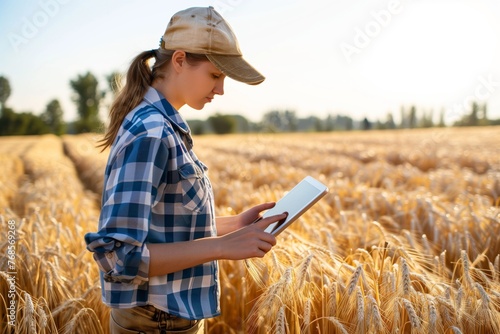 female farmer using a tablet among wheat fields