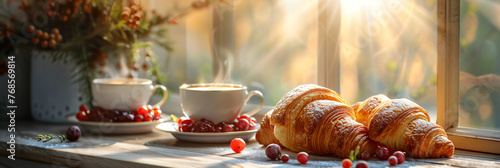 Fresh croissants with powdered sugar and a cup of hot coffee on a wooden table. Cozy breakfast with a window view. Menu concept design for poster, banner, advertisement