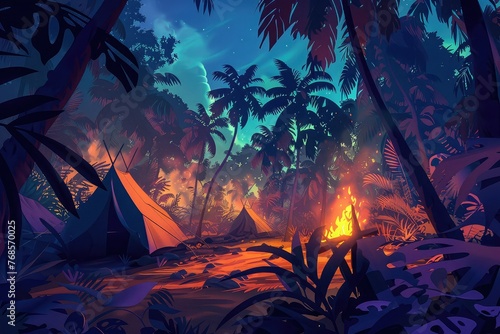 Jungle Camp at Twilight, Warm Firelight, Dense Flora, Wilderness Camping, Digital Illustration