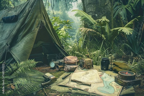 Jungle Explorer's Campsite, Vintage Equipment, Bygone Era Adventure, Antique Feel, Digital Illustration