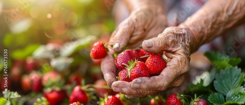 Grass-grown organic strawberries are harvested by an elderly farmer. In her hand are a handful of ripe berries. Farmer's hands pick strawberries close-up. Strawberry bushes with ripe strawberries.