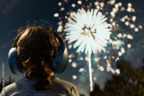 child with earmuffs watching fireworks at night