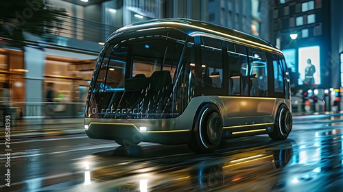 In a digital rendering, an autonomous electric bus effortlessly drives along the street, exemplifying the innovative advancements in smart vehicle technology. 