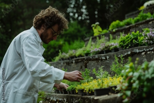 botanist examining plants on a terraced garden level