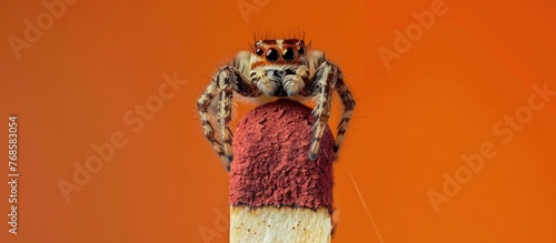 A jumping spider perched on top of a banana, showcasing a peculiar interaction between predator and fruit. The spiders unique coloration contrasts with the bright orange background.