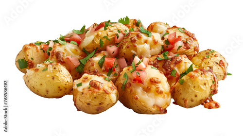 Piece of cheesy fiesta potatoes on white background