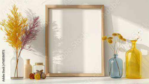 A mockup of an empty light wood picture frame sitting on a white shelf, surrounded by colorful vases and dainty wild flowers in a minimalistic style with neutral tones