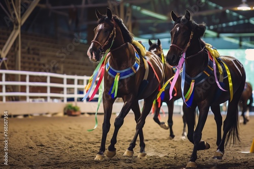 horses with matching ribbons trotting together in an arena