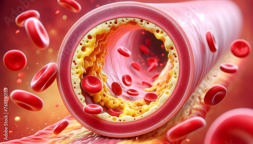 A cross-sectional view of an artery showing red blood cells and plaque accumulation on the vessel wall, indicating atherosclerosis. 3d illustration.