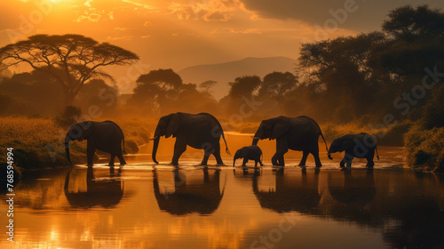 A group of elephants are walking through a river