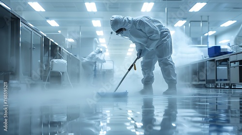 Realistic depiction of a technician using specialized cleaning tools to maintain the sterility of a cleanroom floor