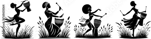 african women with drums music vector illustration silhouette for laser cutting cnc, engraving, decorative clipart, black shape