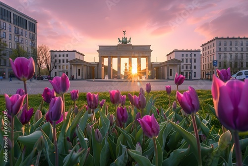 Sunset behind Brandenburg Gate with blooming tulips. Vibrant spring scene in Berlin. Tranquil cityscape photography. Clear dusk sky. Generative AI