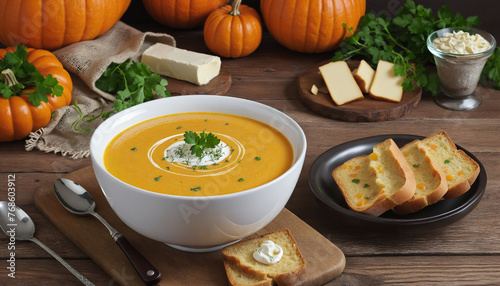 pumpkin soup with cream cheese and parsley on a wooden table colorful background
