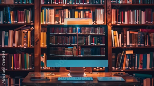 Inside a computer, a digital library houses a vast collection of books, signifying the limitless reach of online learning