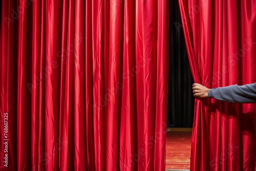 person pulling thick red curtain open to reveal empty stage