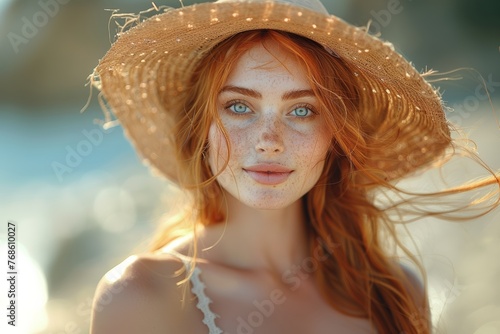 Portrait of a gorgeous redhead woman wearing a straw hat on the beach and looking at the camera. Close-up of the face of an attractive smiling girl with freckles and red hair