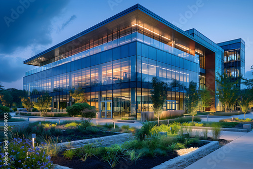 A modern eco-friendly glass business building with natural landscaping and a sustainable design.
