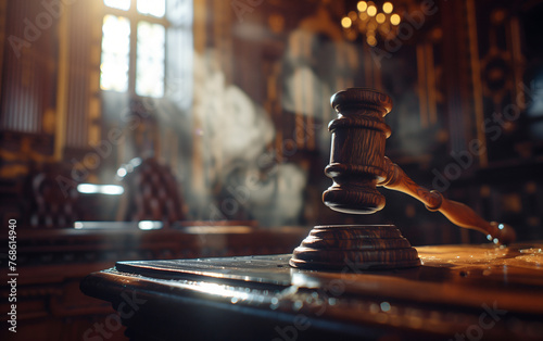 Symbol of law and justice - wooden gavel in courtroom