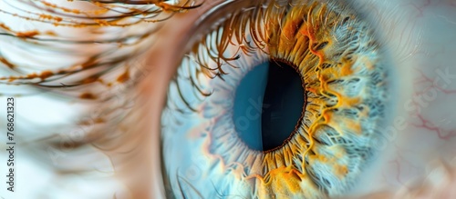 A detailed close-up view of a human eye with a vibrant blue color and a striking yellow iris. The intricate details of the iris and pupil are highlighted in this macro photograph, captured in