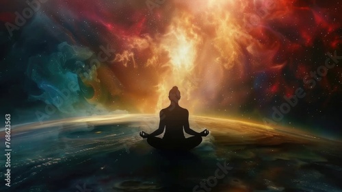 Figure in lotus position, 783 Hz Schumann resonance waves enveloping, grounding meditation