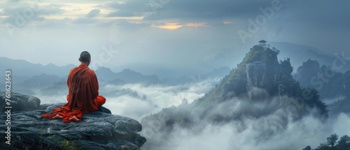 Monk in deep meditation on a serene mountain peak, surrounded by mist