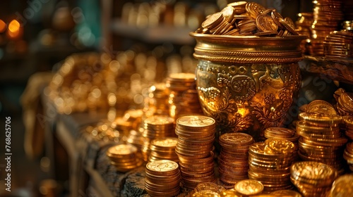 Golden Treasures on Display A Dazzling Pile of Coins and Ingots in a Store