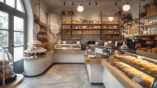A bakery interior, simple design, modern and bright. Generative AI.