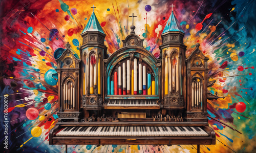 old pipe organ with a colorful, abstract painting as the background. The organ has a castle-like design with colorful towers and a crucifix on top. The paint strokes are in vibrant colors