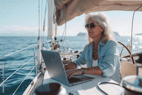 Senior woman working remotely while sailing boat on sunny day