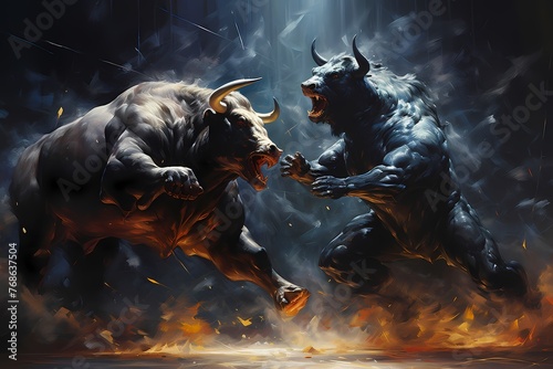 Bull and bear forces in perfect harmony on the market scale, creating a striking visual representation of the perpetual dance of financial dynamics.