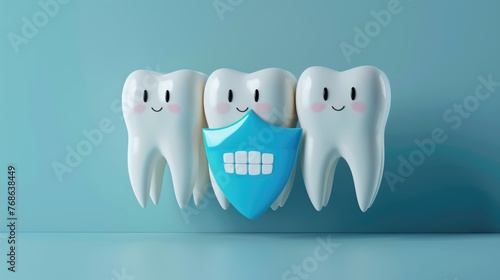 3D teeth set with fluoride shield, symbolizing the fight against cavities and decay