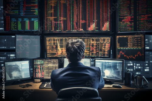 A confident stockbroker watching the market on multiple screens, making strategic decisions