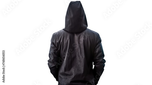 Isolated photo of scary horror stranger stalker man in black hood and clothing standing rear view