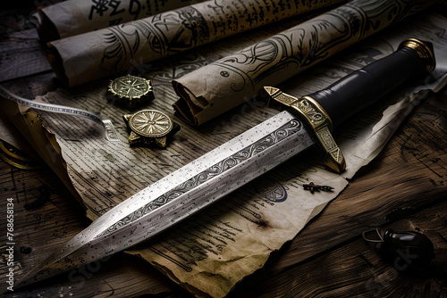Silver ceremonial Masonic dagger resting on an ancient wooden table, surrounded by mystic symbols engraved on parchment scrolls.