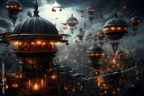 Steampunk airships hovering over a bustling city background. Created with Generative AI technology 