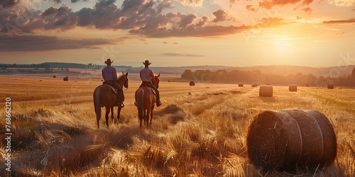 Two cowboys riding horses in a field against an amazing sunset. Farming, ranching and nature concert. Landscape view for wallpaper, poster, banner, commercial 