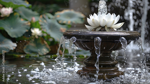 Detail of an old classic style stone fountain with flowing water.