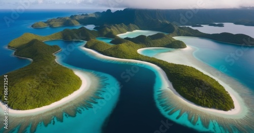 Stunning turquoise trails wind through lush emerald islands in this aerial view, underlining the dynamic contours of the coastline. The play of light and shadow adds depth to the vibrant landscape. AI