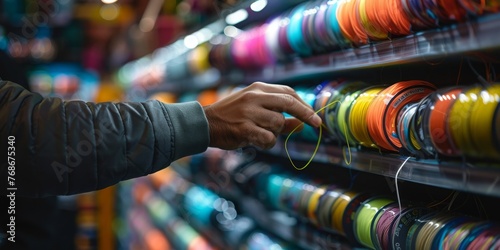 A person is reaching for a colorful string of beads