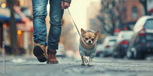 A person is walking a dog on a city street