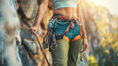 Woman standing with climbing equipment and helmet outdoor, front view.