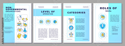 Non governmental organizations blue gradient brochure template. Leaflet design with linear icons. Editable 4 vector layouts for presentation, annual reports. Arial-Black, Myriad Pro-Regular fonts used
