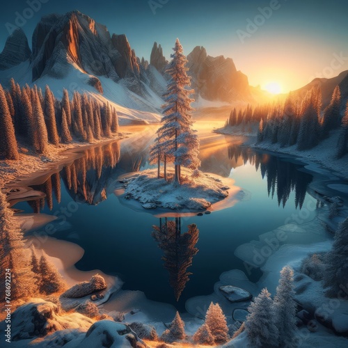 The golden light of dawn caresses a lone tree on an island, surrounded by the tranquility of a frozen lake. This peaceful landscape evokes a sense of solitude and reflection. AI generation