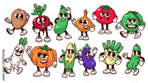 Groovy cartoon vegetable characters set. Funny retro root and leaf vegetable mascots, cartoon stickers of tomato pumpkin broccoli eggplant cucumber potato cabbage in 70s 80s style vector illustration