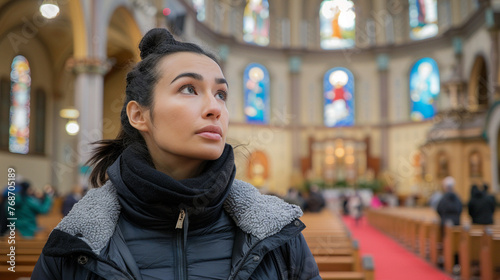 A woman wearing a black coat and scarf stands in a church. The church is filled with people, and the woman looks up at the stained glass windows. Concept of solemnity and reverence