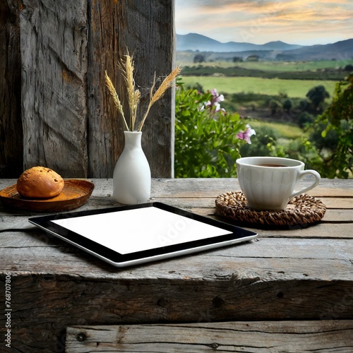 a rustic scene featuring a tablet with a blank white screen resting on a weathered wooden table. Emphasize the contrast between the sleek modern device and the rustic charm of the table, evoking a sen